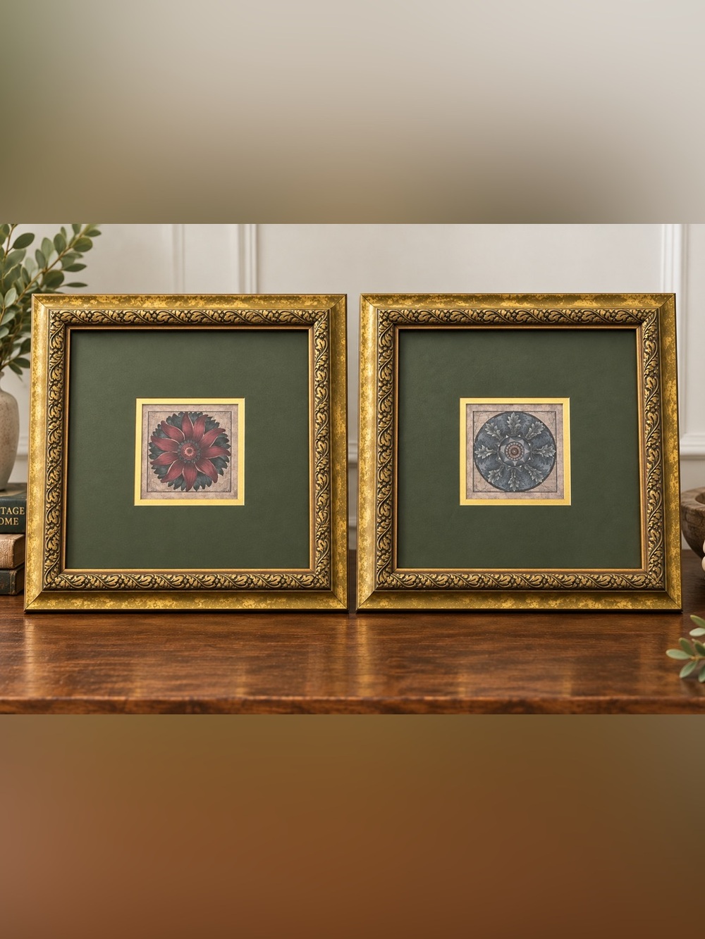 Vintage Paragon Rosette Panel Framed Art Set of 2 Zeitz 13x13 Gold Ornate Frames